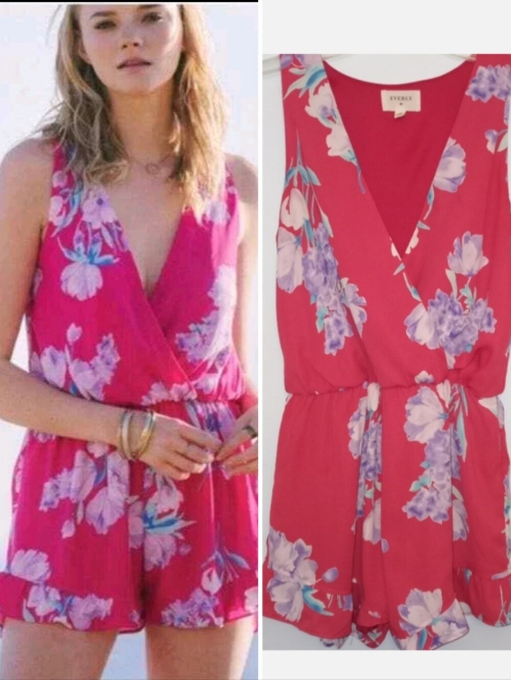 Anthropologie Everly Floral Sleeveless Surplice Romper, Relaxed Fit, Pink, LN